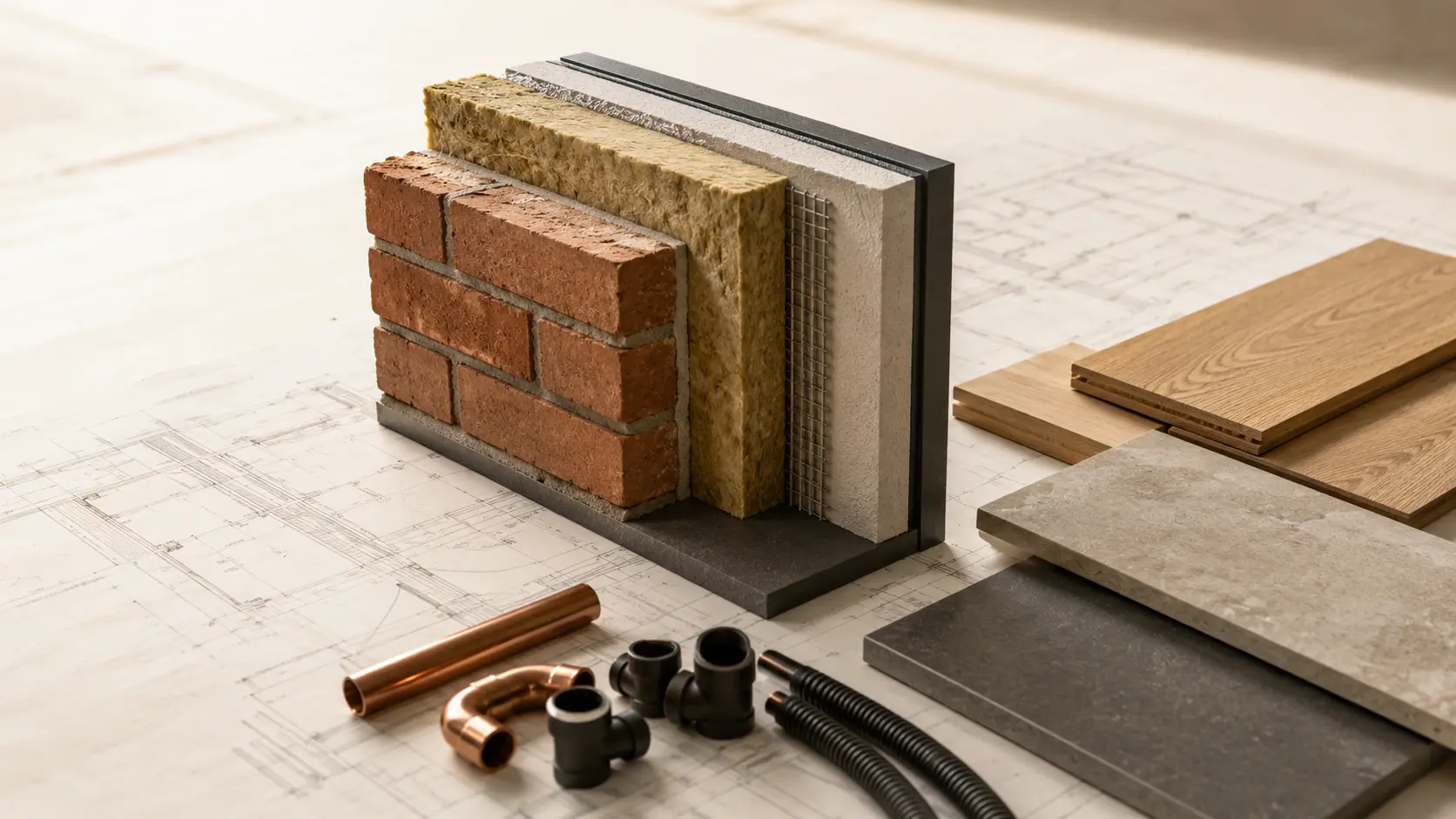 Realistischer Schichtaufbau mit Ziegel, Dämmung, Putz, Holz, Naturstein und Gebäudetechnik auf einem Bauplan