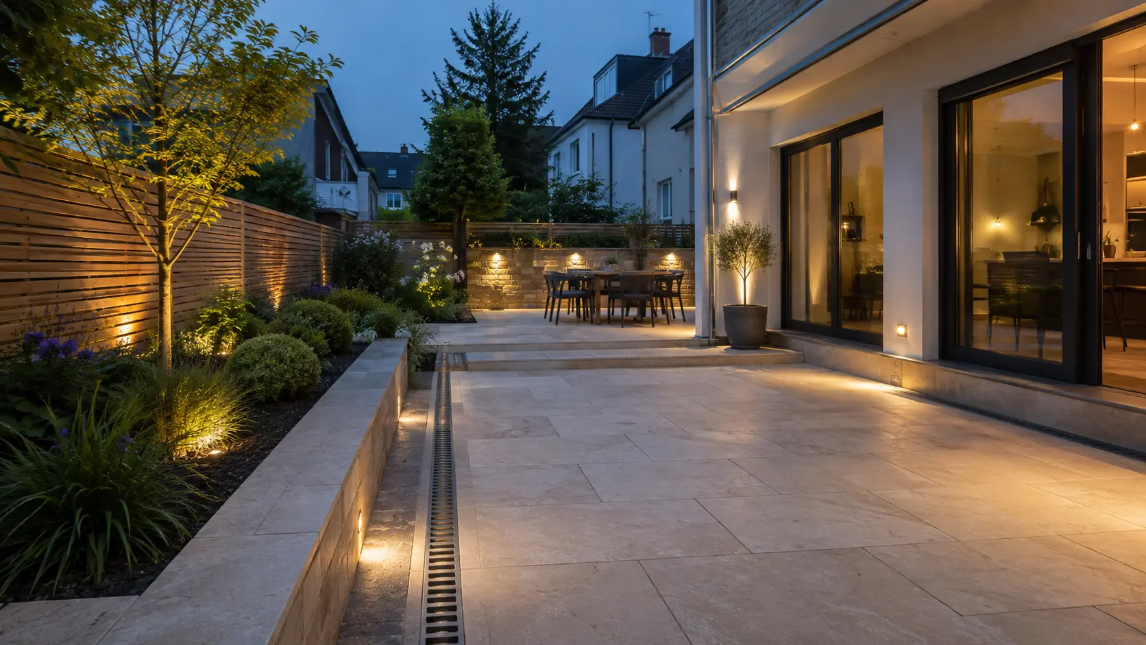 Neu gestaltete Terrasse mit Garten